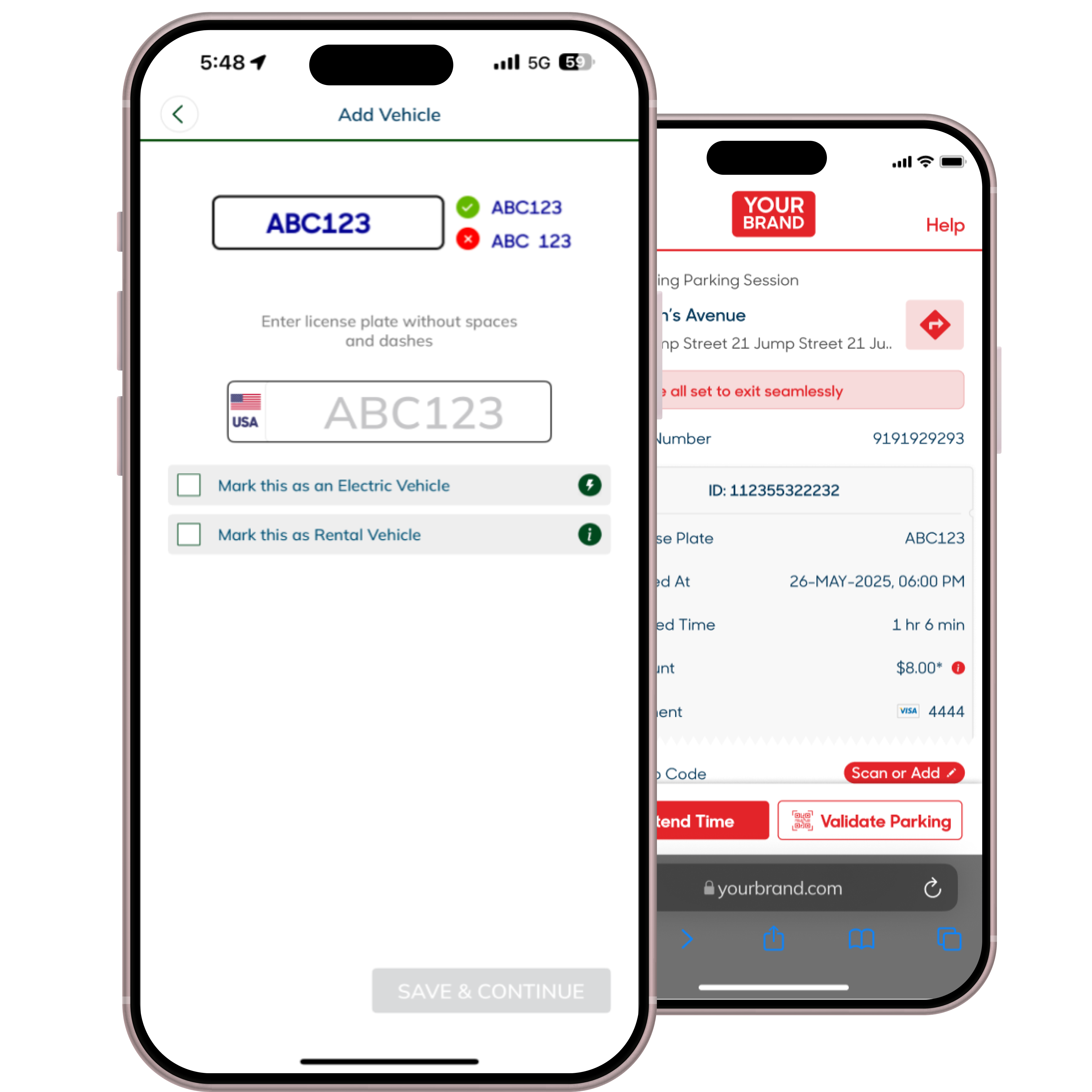 iPhone mockups displaying GMP App, a branded white-label parking app. One screen displays the Add Vehicle screen the other tracks an ongoing session.