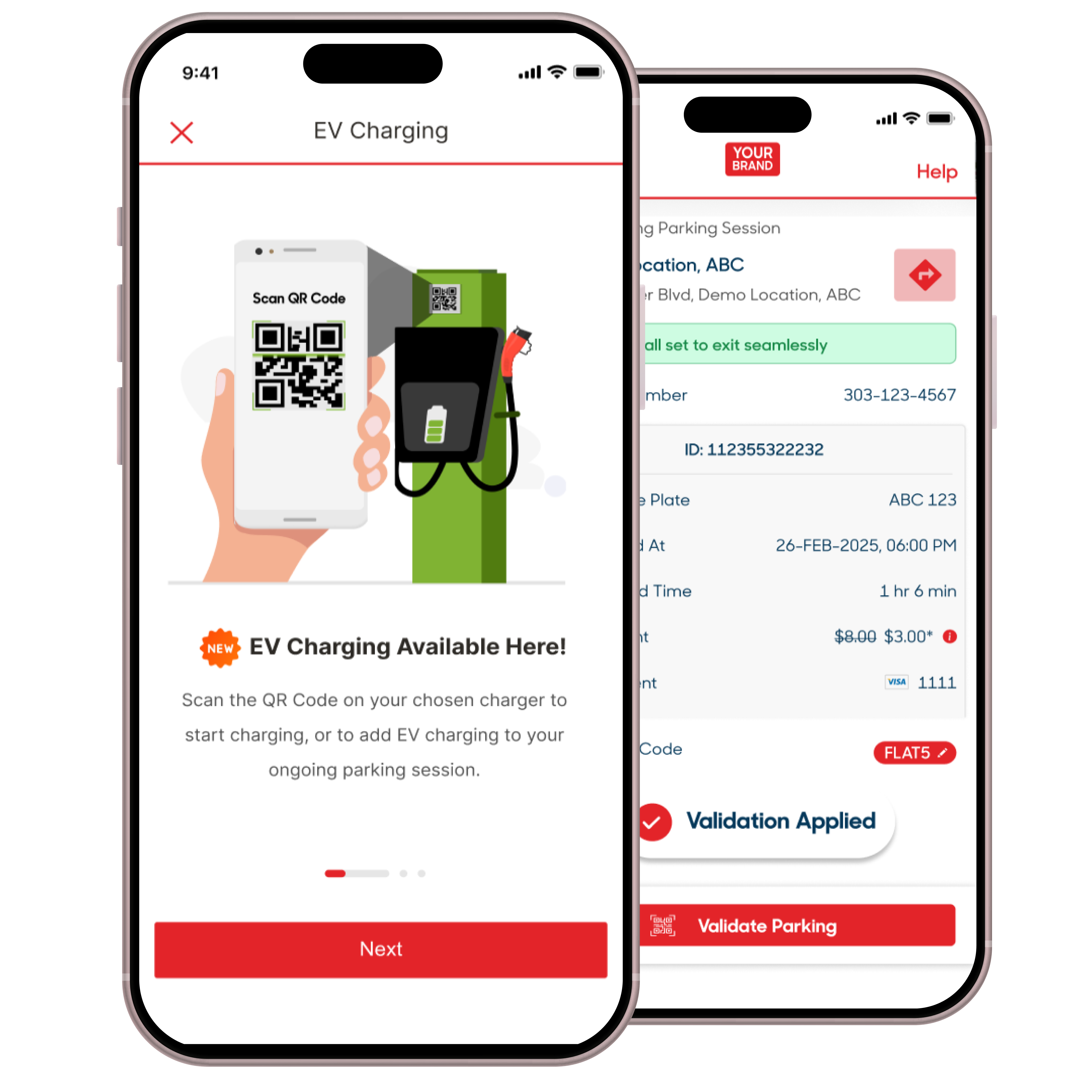 iPhone mockups displaying GMP App, a branded white-label parking app. One screen displays EV charging session and the other one features a parking validation.