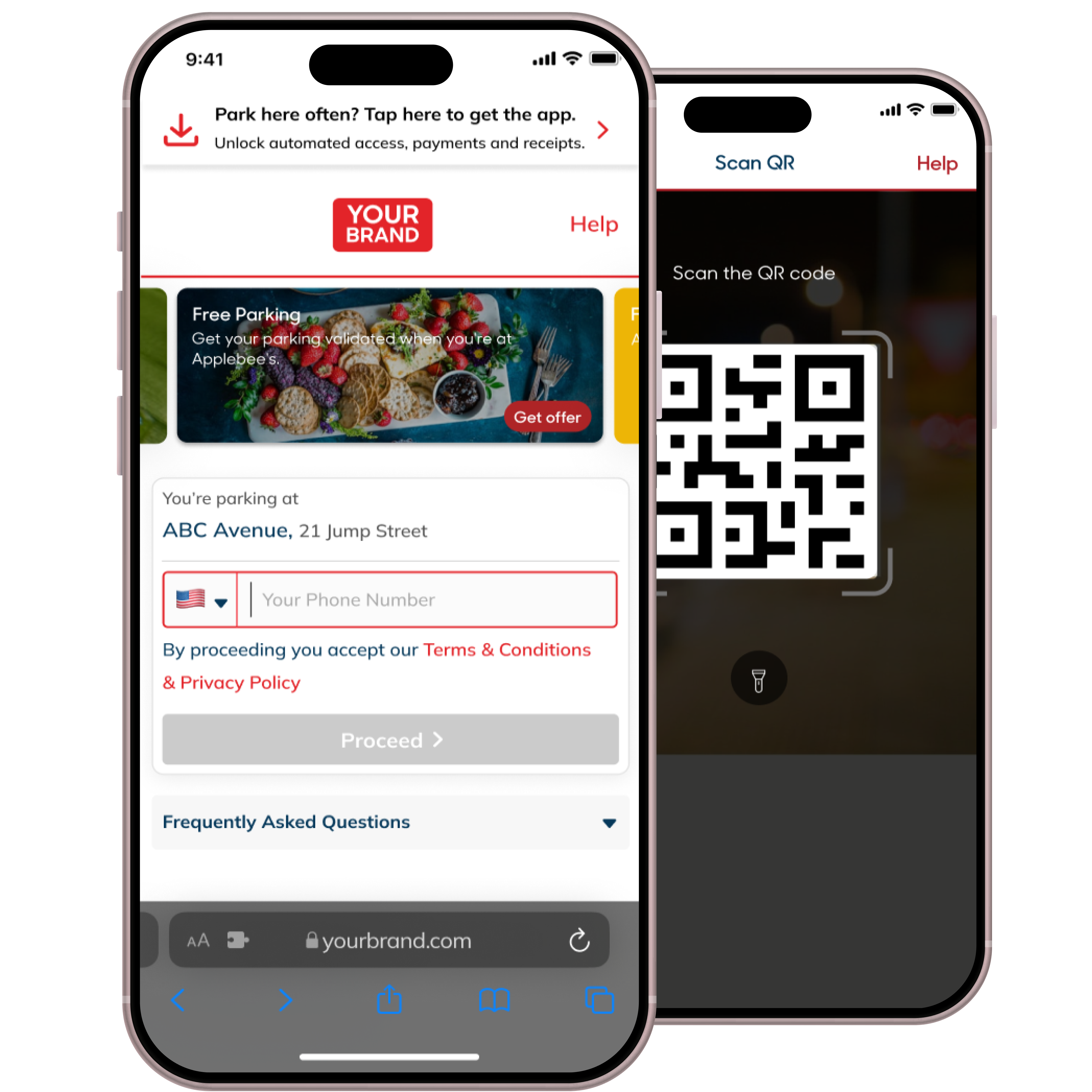 iPhone mockups displaying the branded app-free payment options by Get My Parking, featuring its scan to pay web app solution.