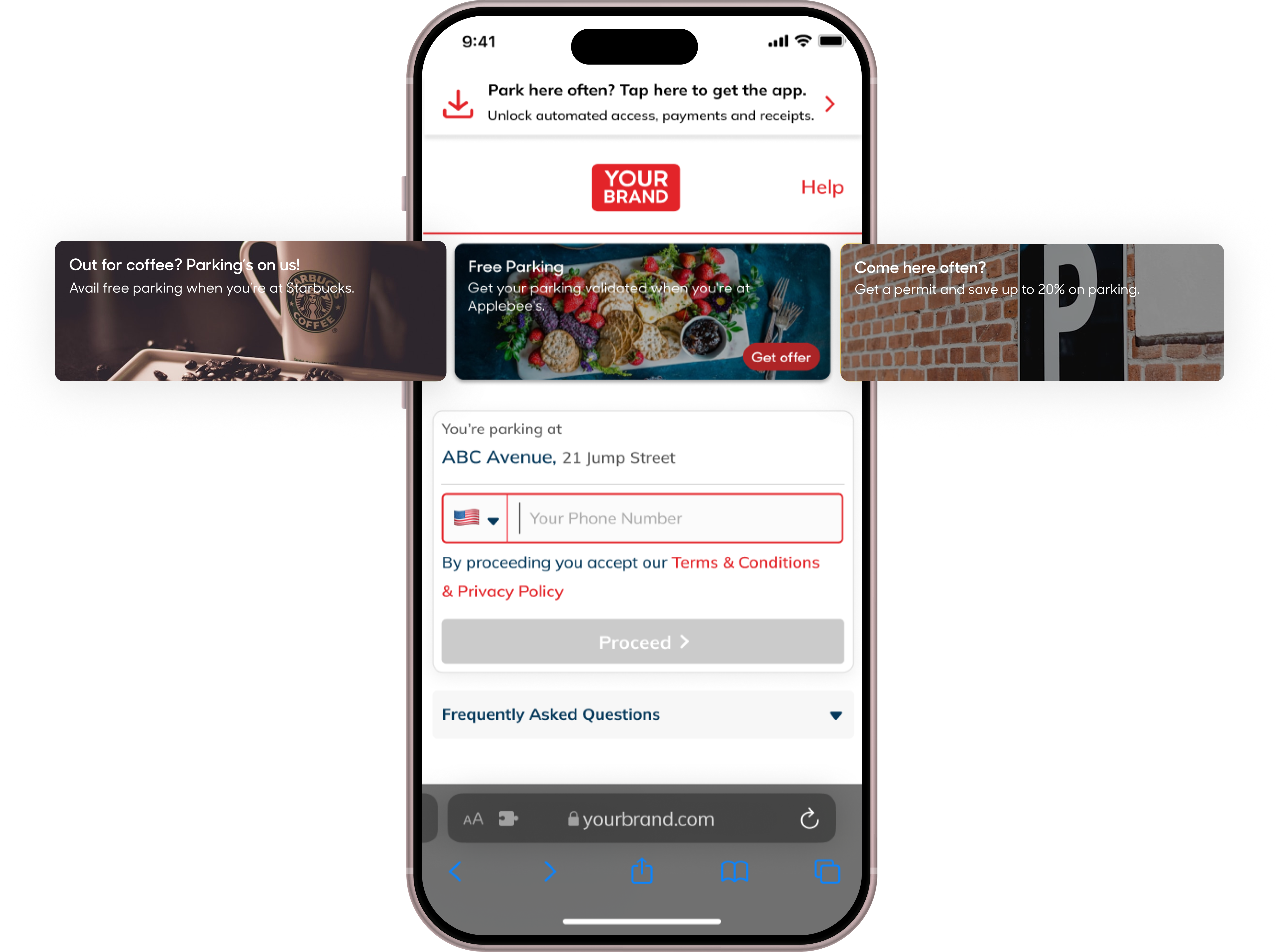 iPhone mockups displaying GMP App, a branded white-label parking app. This displays the session creation featuring in-app ads for local retailers.