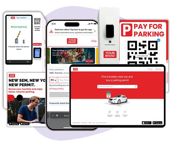 A collage of screenshots and images presenting GMP's white labeled parking platform