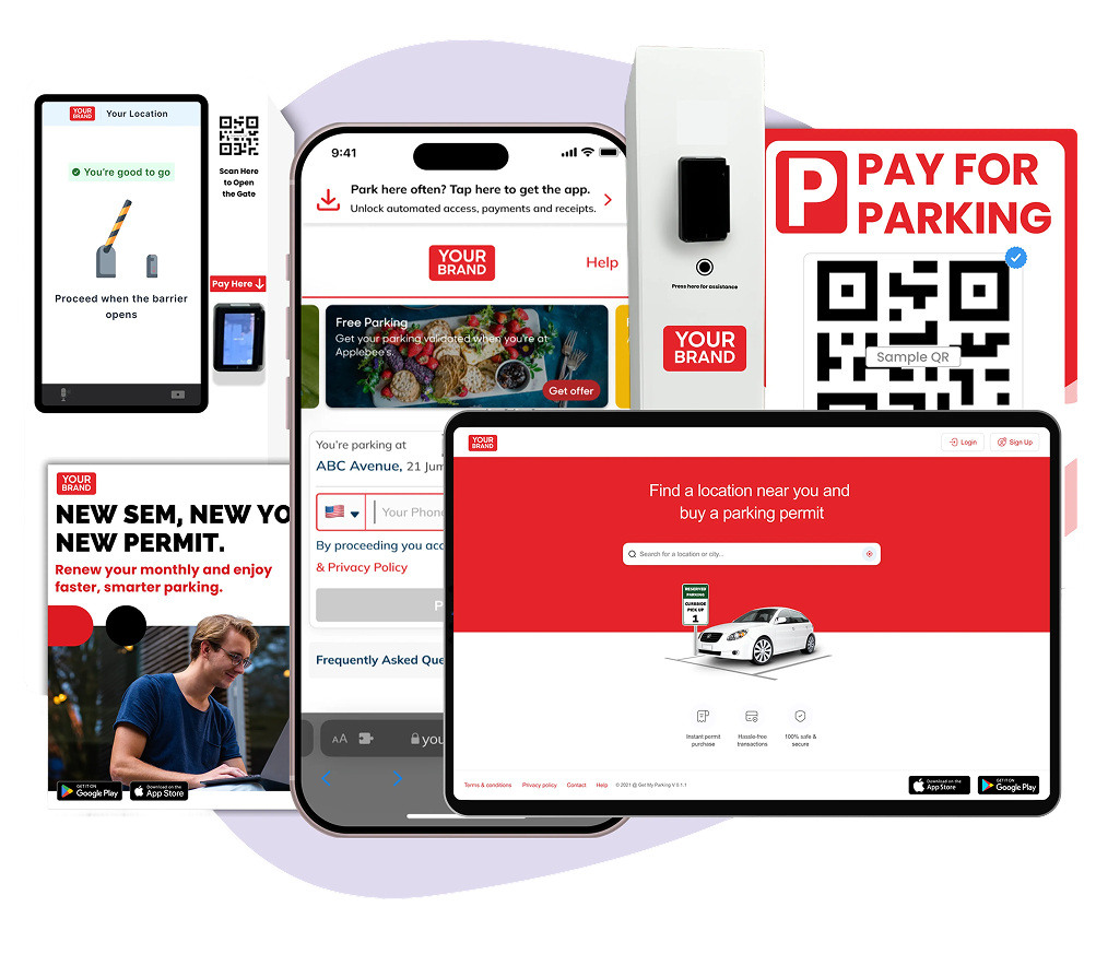 A collage of screenshots and images presenting GMP's white labeled parking platform