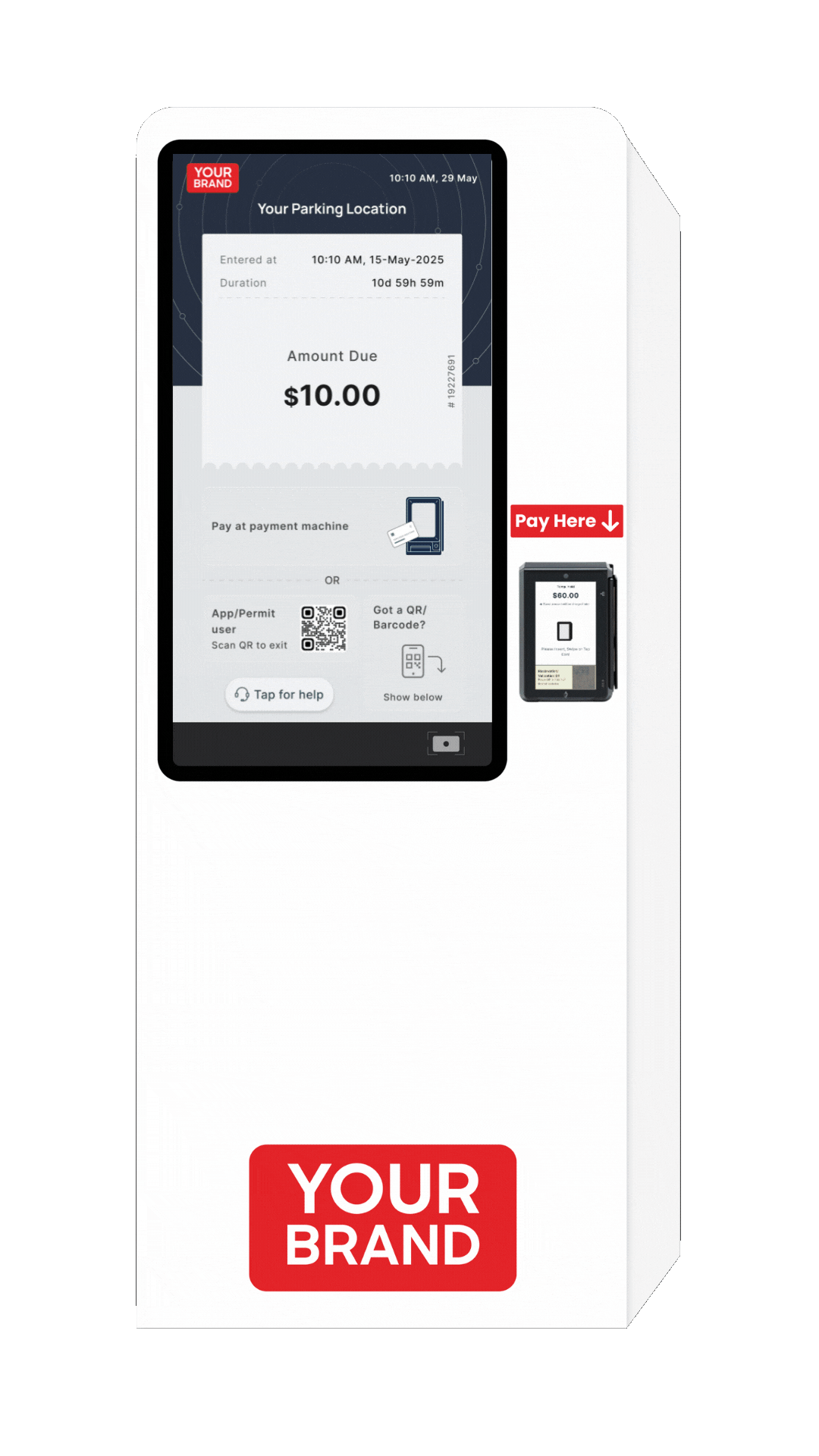 A GIF of Get My Parking's white-labeled kiosk (found at parking exits) with the latest display software/app. The screens switch between the payment details screen, payment successful and a video ad.