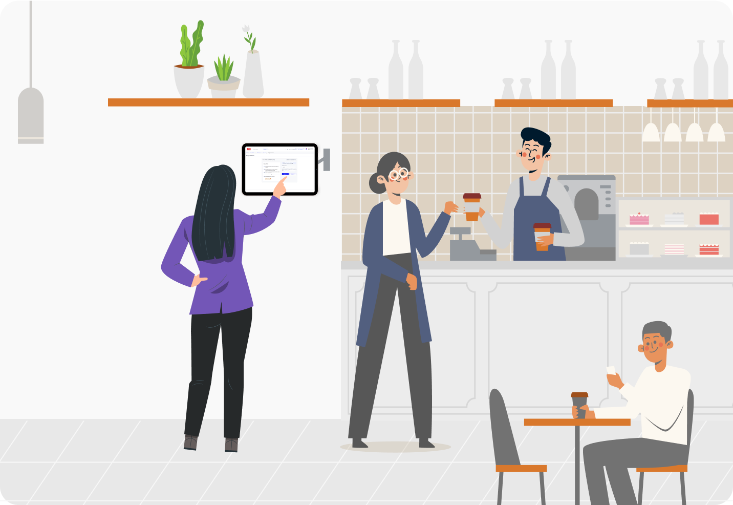 Parking validations are conducted in a coffee shop using an iPad mounted on the wall with Get My Parking’s self-serve partner portal, serving as a self-service kiosk for parking validations.