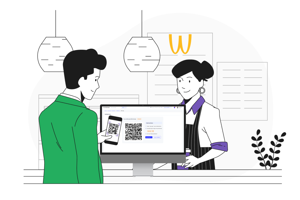A parking validation transaction between a cashier and a retail customer. The retail customer is scanning a QR code on GMP’s self-serve partner portal to get his parking validated.